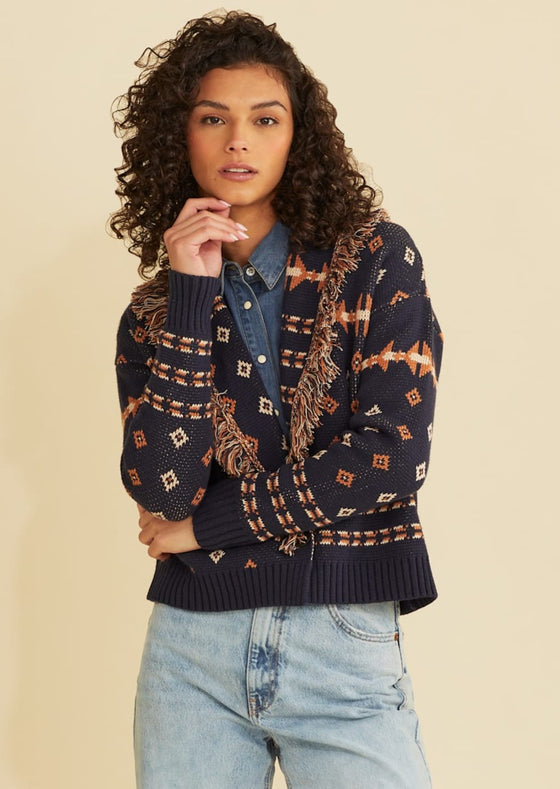 Fringe Shawl Cardigan Navy