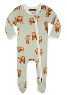  Highland Cow Bamboo Zipper Footed Romper