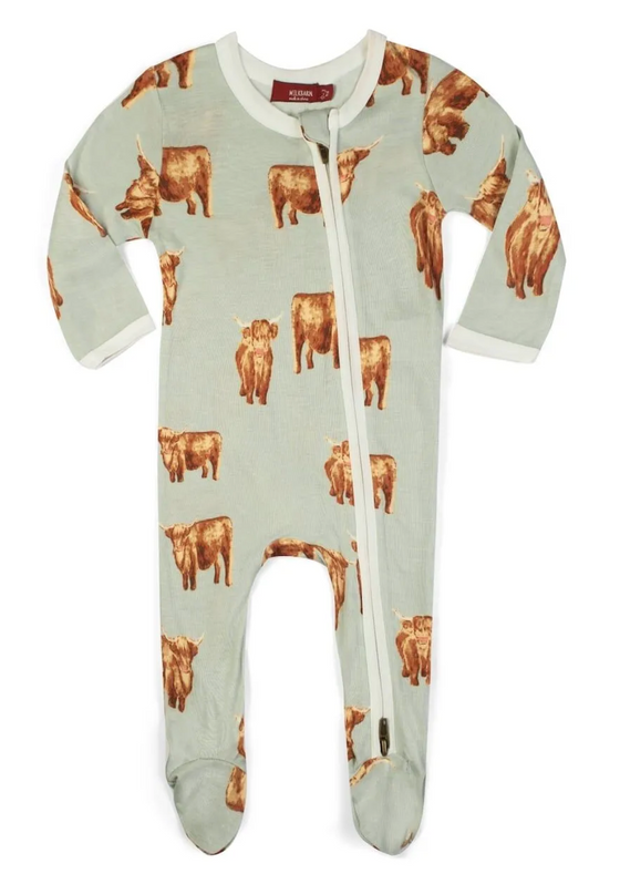 Highland Cow Bamboo Zipper Footed Romper